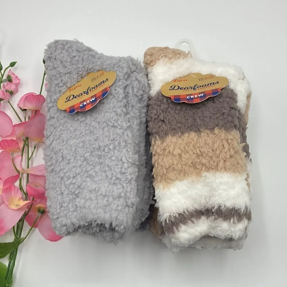 WOMEN’S DEARFOAMS Ultra Fuzzy Crew Slipper Socks 2, 2-Packs Shoe Size 4-10